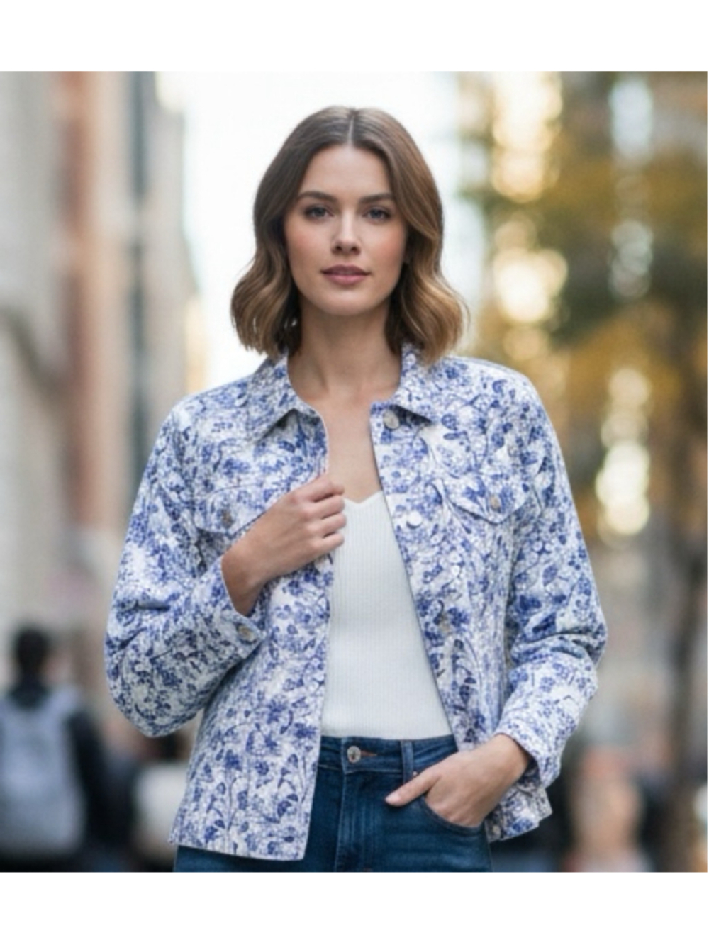 Croft & Barrow Floral Print Jean Jacket, White and Blue, Size S (20” PTP)